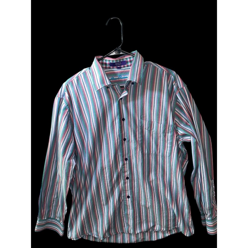 Alan Flusser Men's Large Multi-color Striped with Plaid Detail Long Sleeve Shirt